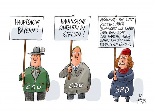 Ein CDS-WÃ¤hler, ein CDU-WÃ¤hler und eine SPD-WÃ¤hlerin stehen nebeneinander. Der CDU-WÃ¤hler trÃ¤gt ein Transparent mit dem Slogan 