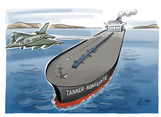 Ein FlugzeugtrÃ¤ger im Ozean. Auf ihm steht: Tanker-Konflikte. Von ihm startet ein MilitÃ¤rjet, auf dem MilitÃ¤r-Konflikt steht.